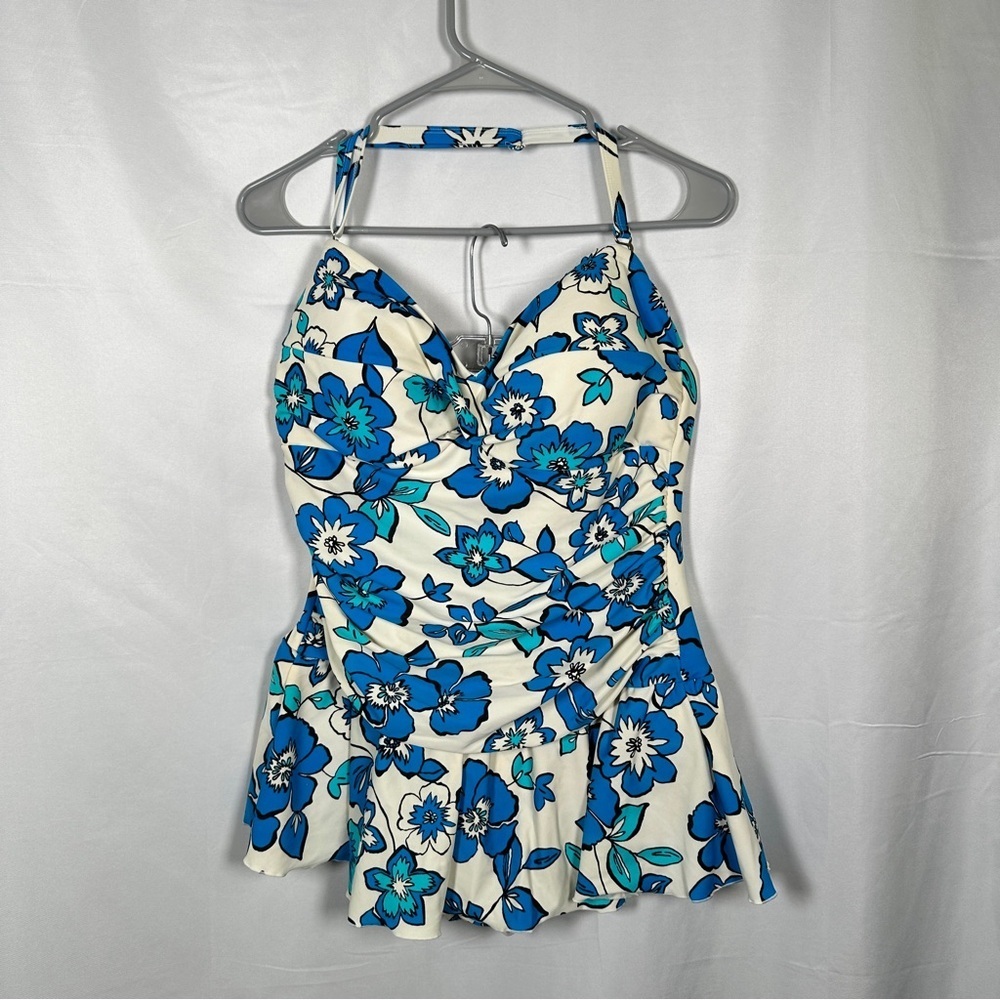 Always For Me Plus Size Halter Ruched Floral Retro Swimdress 16W Blue Vacation - Picture 4 of 12